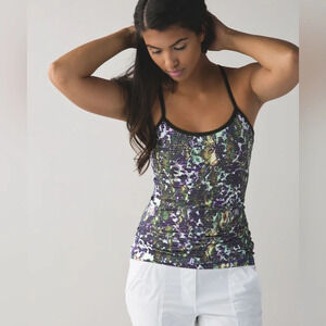Lululemon Power Y Tank Lion Floral Sport White Multi / Gator Green Size 4